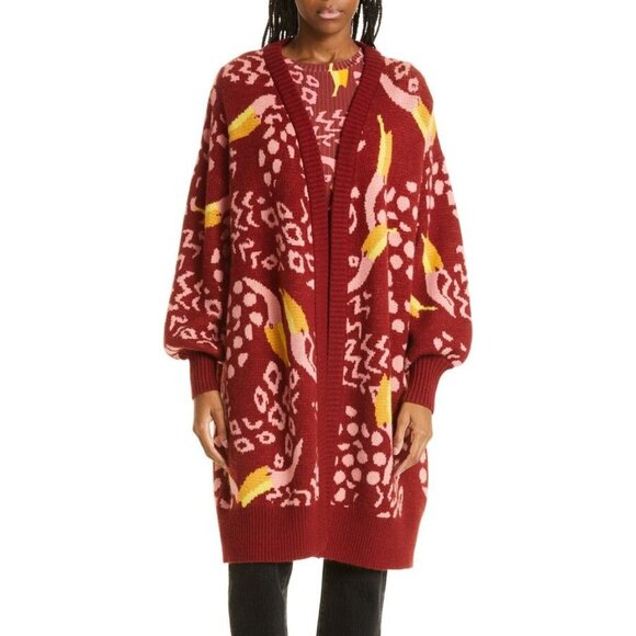FARM Rio Cardigan L Toucanissimo Belted Longline Red Burgundy Cozy - Picture 2 of 13